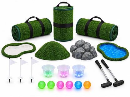 Concept render: what's in the box: 3 rolled putting strips, add-ons, flags, light-up cups, glow balls and putters